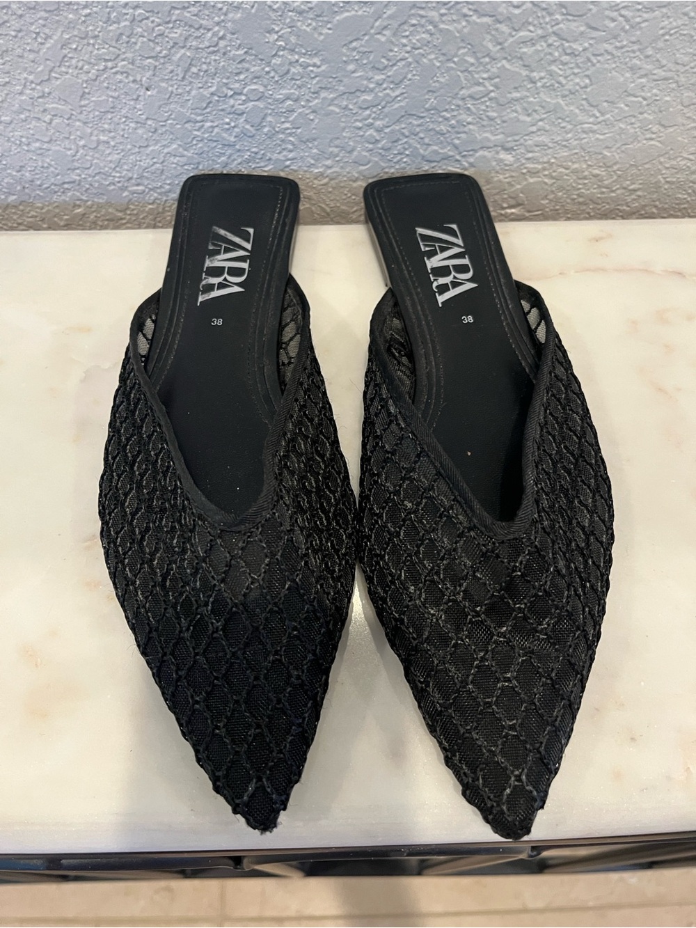 Zara Black Pointed Mesh Slip-On Mules - Picture 5 of 8